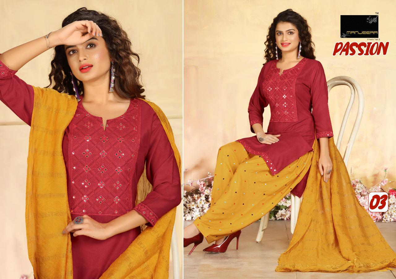 Manjeera Passion Rayon Patiyala work Latest Fancy Designer Festive Wear Readymade Collection